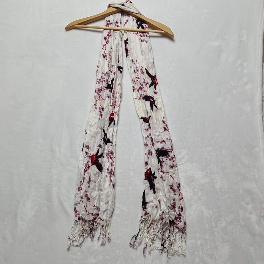 Womens Scarf Shawl Wrap White Floral with Red Black Birds Tassels Rayon - Picture 2 of 10